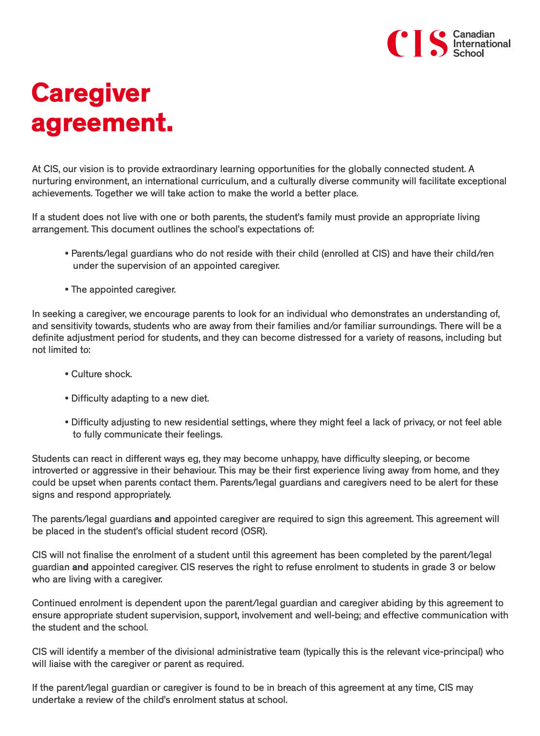 CIS caregiver agreement